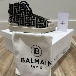 Balmain Black and Cream High-Top Logo Sneakers